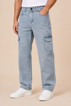 Wide Leg Cargo Jeans – Ice Blue