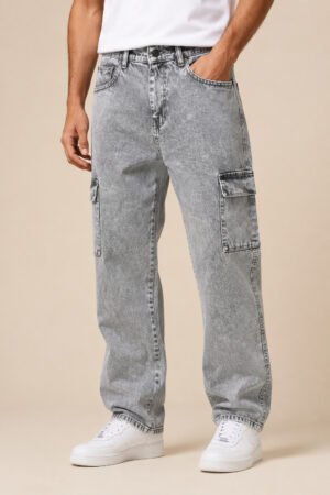 Wide Leg Cargo Jeans – Light Grey