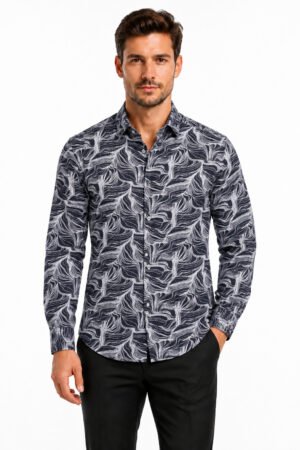 Printed Casual Shirt – Charcoal Leaf Print