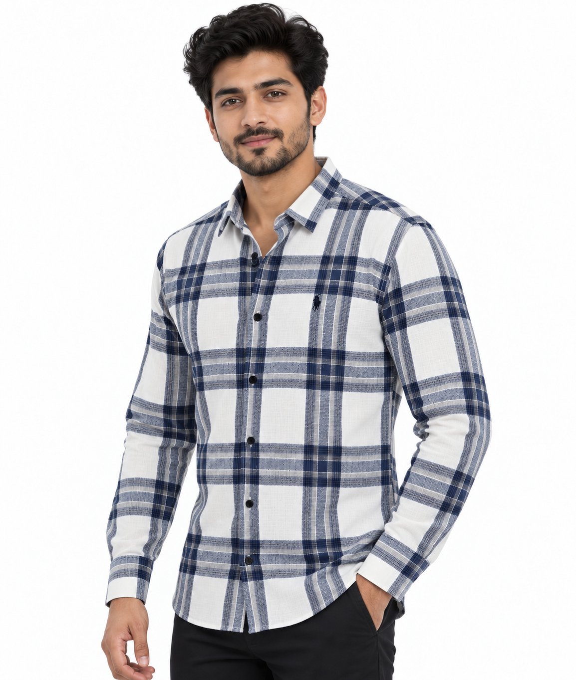 Imported Korean Linen Shirt in navy and white check, three-quarter view
