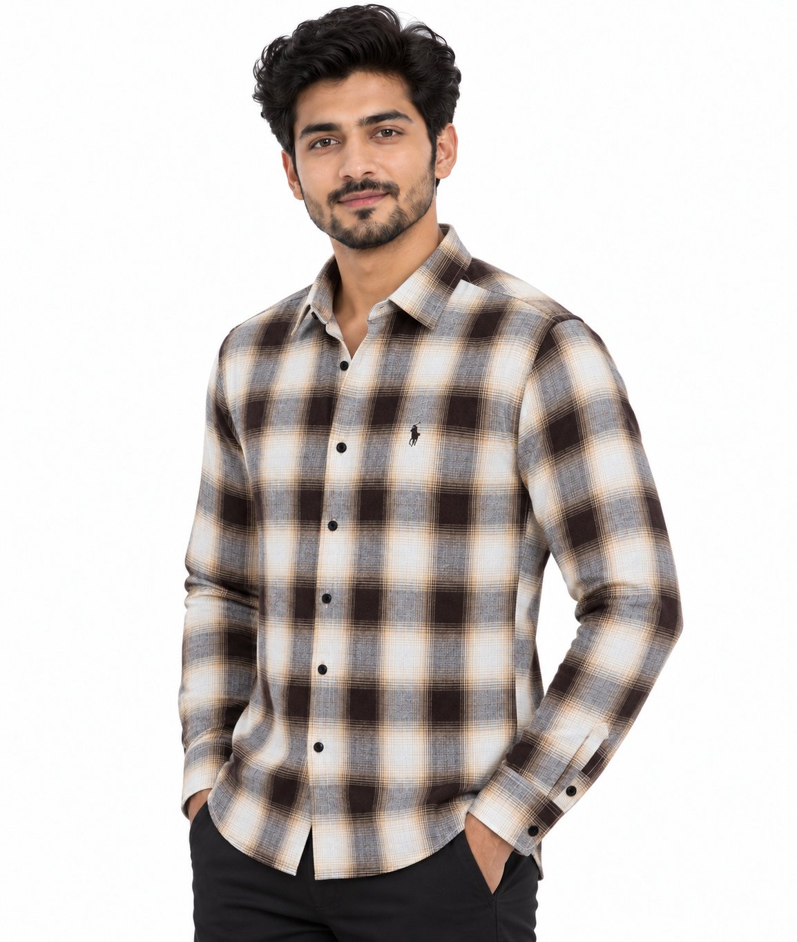 Imported Korean Linen Shirt in beige and brown check, three-quarter view