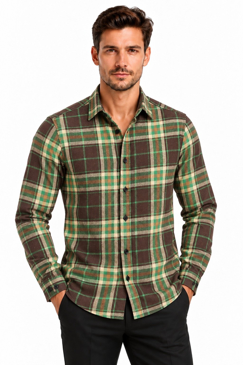 Casual Checks Shirt by Raan – Olive - Image 3