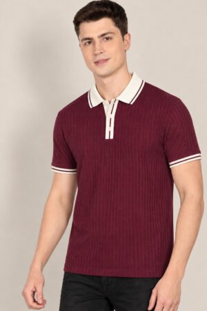 Ribbed Knit Polo – Wine